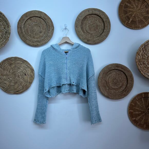 UO Urban Outfitters Blue Distressed Cropped Crop Zip Hooded Cardigan Sweater S - Picture 2 of 7